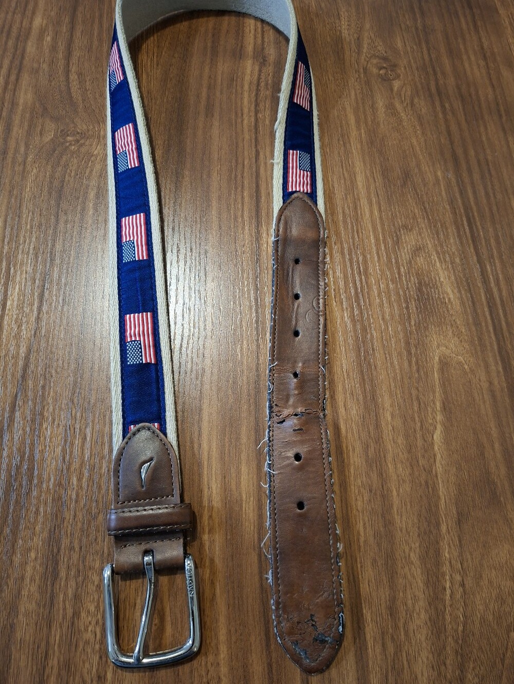 Men's Navy Stripe American Flag Webbed Belt with Brown Leather